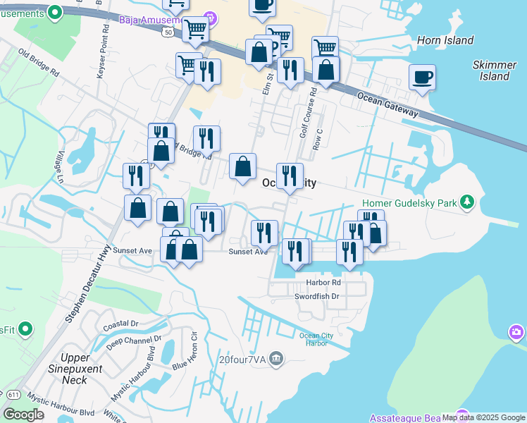 map of restaurants, bars, coffee shops, grocery stores, and more near 9735 Golf Course Road in Ocean City