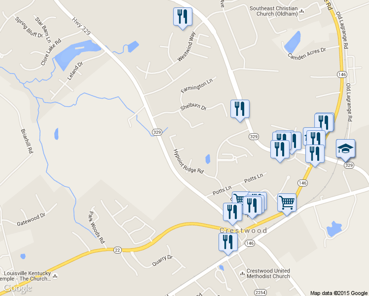 map of restaurants, bars, coffee shops, grocery stores, and more near Oakmont Circle in Crestwood