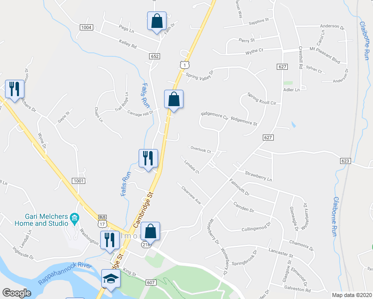 map of restaurants, bars, coffee shops, grocery stores, and more near 249 Overlook Court in Fredericksburg