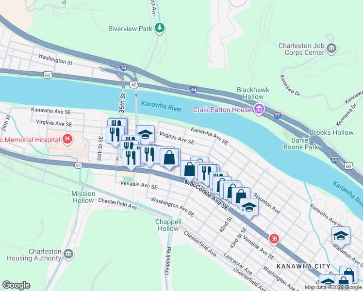 map of restaurants, bars, coffee shops, grocery stores, and more near 149 38th Street Southeast in Charleston