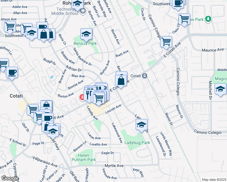 map of restaurants, bars, coffee shops, grocery stores, and more near 698 East Cotati Avenue in Cotati