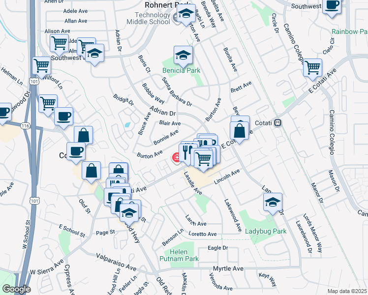 map of restaurants, bars, coffee shops, grocery stores, and more near 7 Greenleaf Lane in Cotati