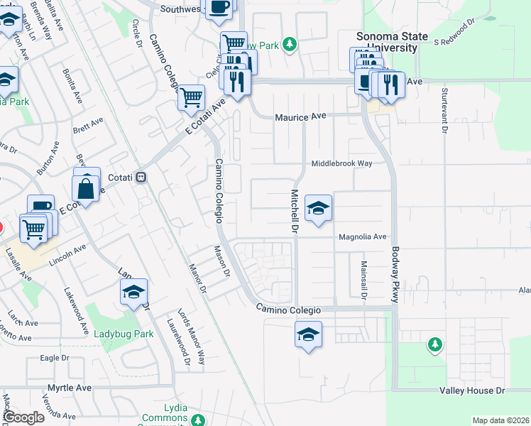 map of restaurants, bars, coffee shops, grocery stores, and more near 1359 Mattice Lane in Rohnert Park