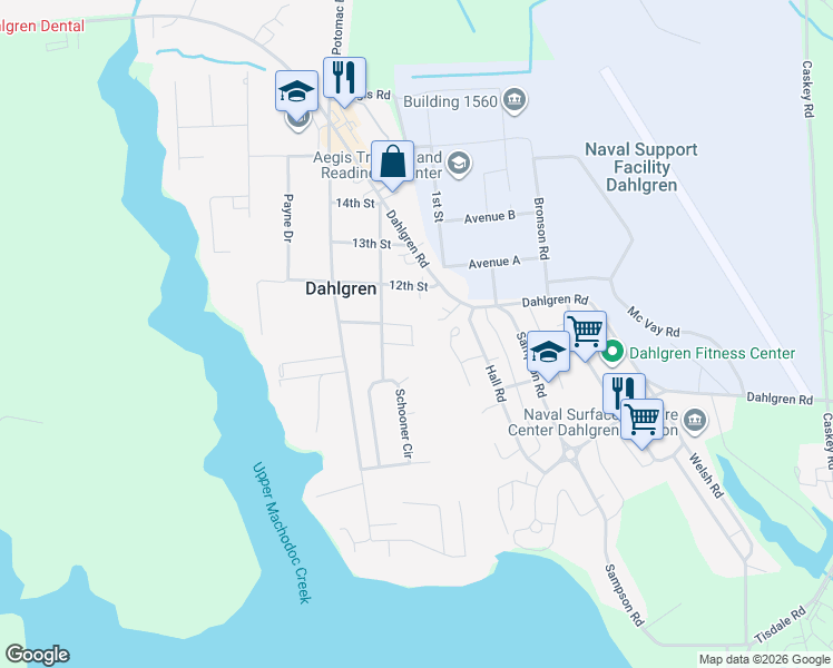 map of restaurants, bars, coffee shops, grocery stores, and more near 17141 Gail Drive in King George