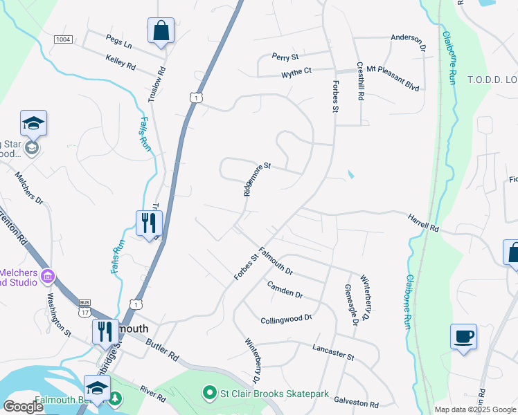 map of restaurants, bars, coffee shops, grocery stores, and more near 439 Ridgemore Street in Fredericksburg