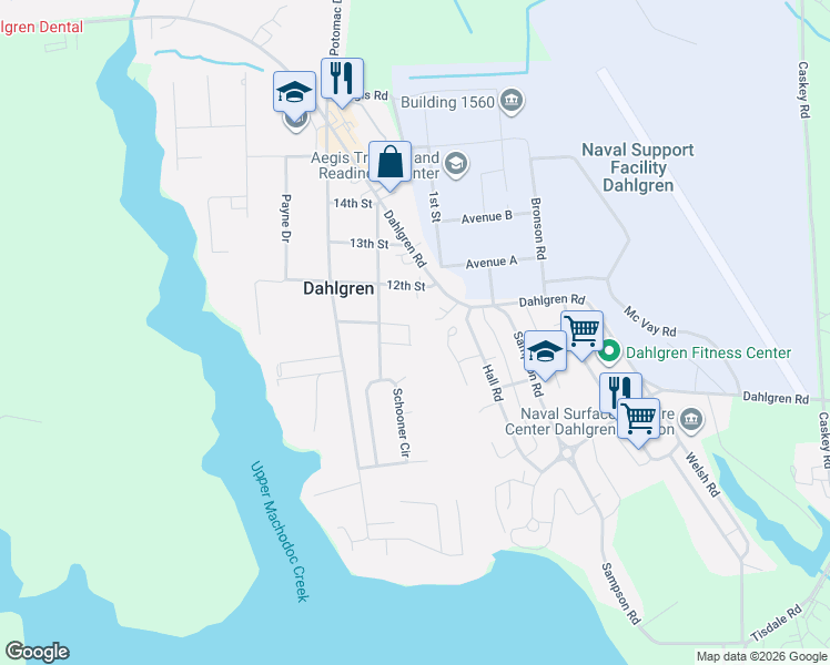 map of restaurants, bars, coffee shops, grocery stores, and more near 17141 Gail Drive in King George
