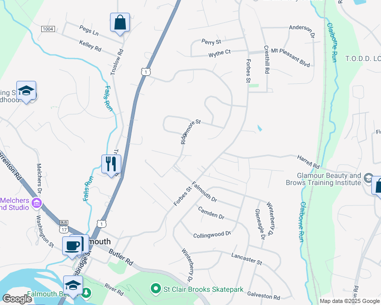map of restaurants, bars, coffee shops, grocery stores, and more near 435 Ridgemore Street in Fredericksburg
