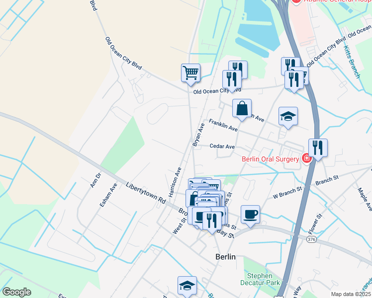 map of restaurants, bars, coffee shops, grocery stores, and more near 220 North Main Street in Berlin