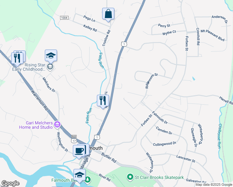 map of restaurants, bars, coffee shops, grocery stores, and more near 202 Cambridge Street in Fredericksburg