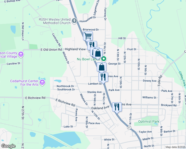 map of restaurants, bars, coffee shops, grocery stores, and more near 1701-1799 Warren Ave in Mt Vernon