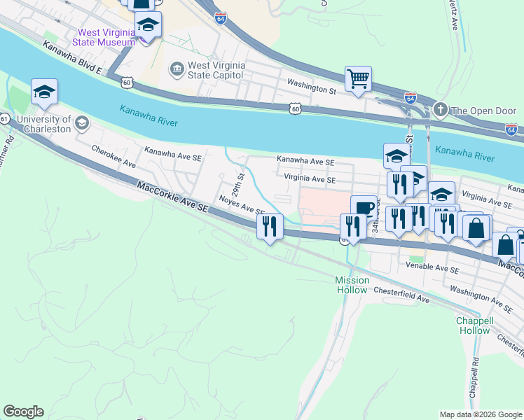 map of restaurants, bars, coffee shops, grocery stores, and more near 2921 Frontage Road in Charleston