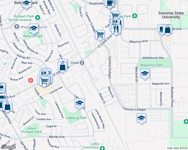 map of restaurants, bars, coffee shops, grocery stores, and more near 8334 Windmill Farms Drive in Cotati