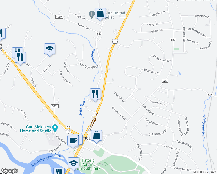 map of restaurants, bars, coffee shops, grocery stores, and more near 202 Cambridge Street in Fredericksburg
