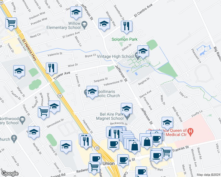 map of restaurants, bars, coffee shops, grocery stores, and more near 1602 Shasta Avenue in Napa