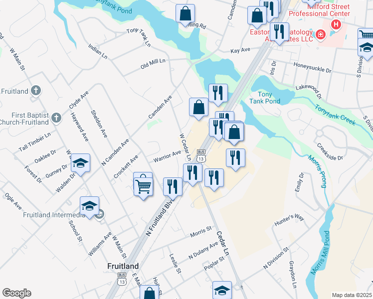 map of restaurants, bars, coffee shops, grocery stores, and more near 101 Warrior Avenue in Salisbury