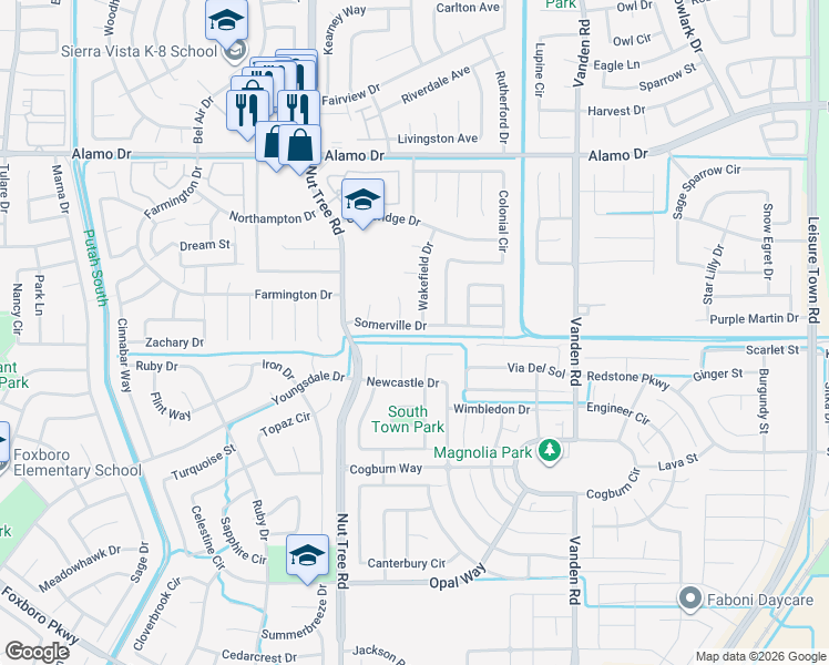 map of restaurants, bars, coffee shops, grocery stores, and more near 4024 Camden Court in Vacaville