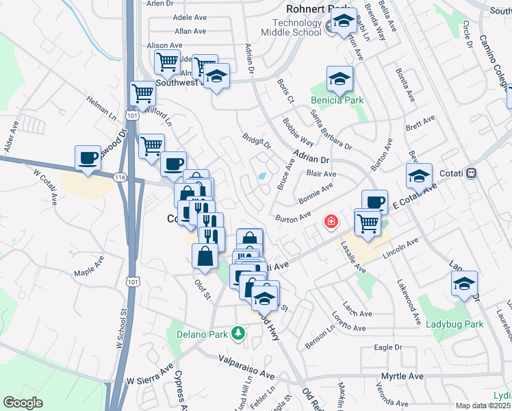 map of restaurants, bars, coffee shops, grocery stores, and more near 274 Bruce Avenue in Rohnert Park