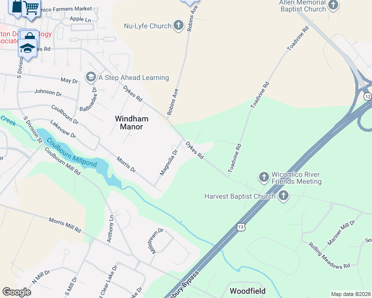 map of restaurants, bars, coffee shops, grocery stores, and more near 320 Dykes Road in Salisbury