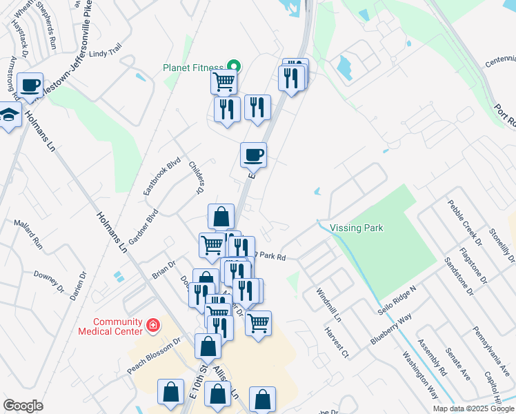 map of restaurants, bars, coffee shops, grocery stores, and more near 3476-3484 E 10th St in Jeffersonville