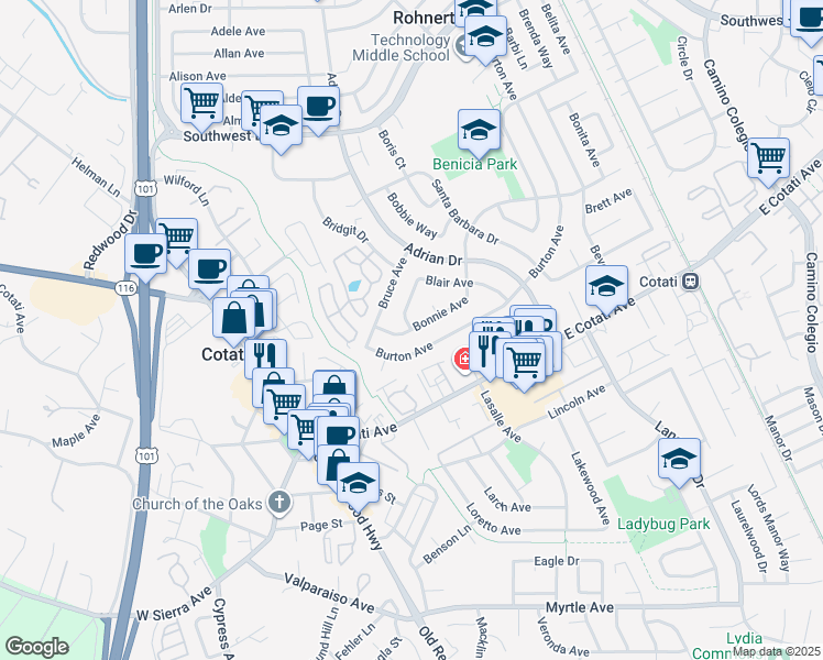 map of restaurants, bars, coffee shops, grocery stores, and more near Bonnie Ave & Blair Ave in Rohnert Park