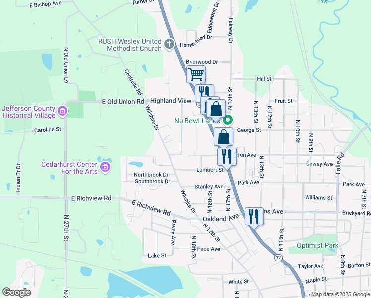 map of restaurants, bars, coffee shops, grocery stores, and more near 1821 Warren Ave in Mt Vernon