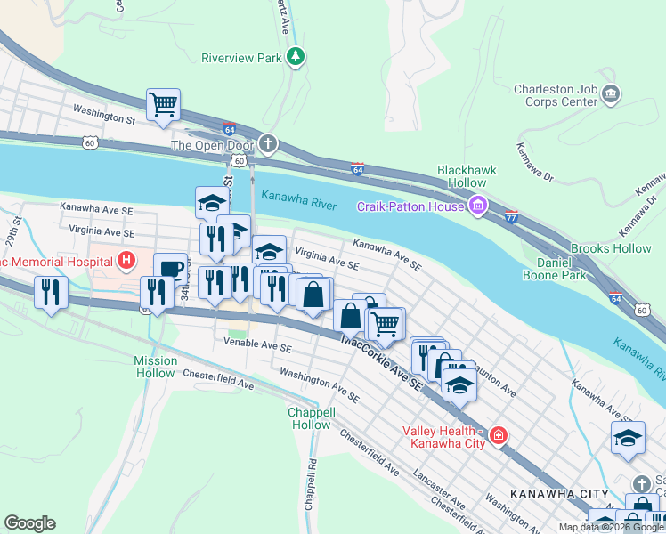 map of restaurants, bars, coffee shops, grocery stores, and more near 3802 Staunton Avenue Southeast in Charleston