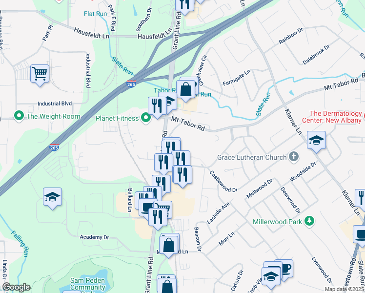 map of restaurants, bars, coffee shops, grocery stores, and more near 800 Mount Tabor Road in New Albany