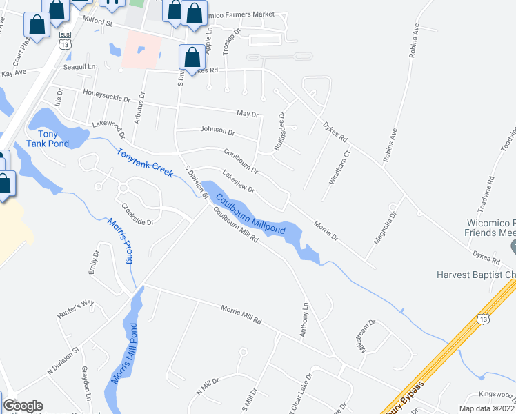 map of restaurants, bars, coffee shops, grocery stores, and more near 107 Coulbourn Mill Road in Salisbury