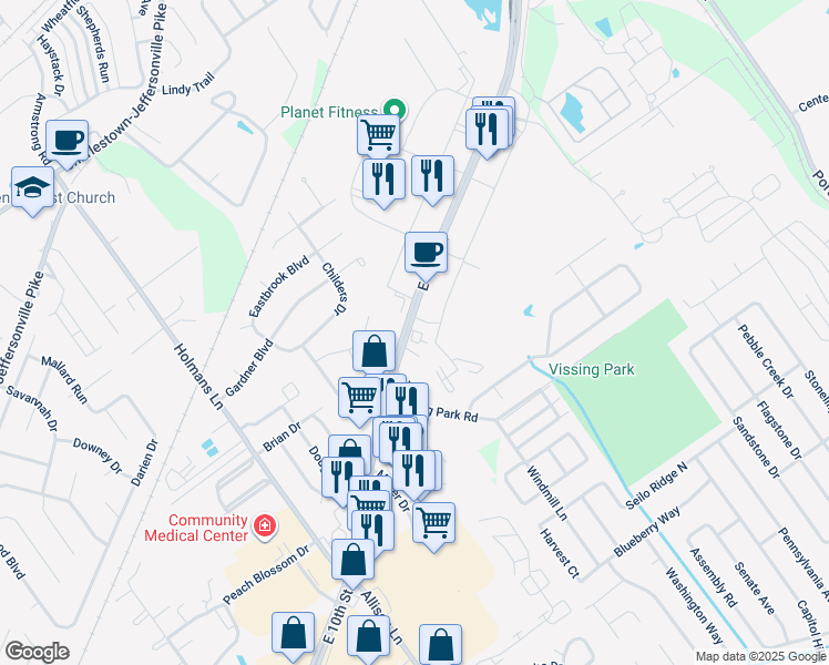 map of restaurants, bars, coffee shops, grocery stores, and more near 3484 E 10th St in Jeffersonville