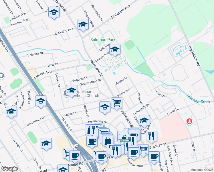 map of restaurants, bars, coffee shops, grocery stores, and more near 3725 Jefferson Street in Napa