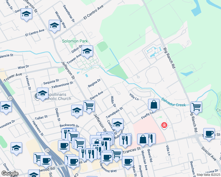 map of restaurants, bars, coffee shops, grocery stores, and more near 1185 Sierra Avenue in Napa