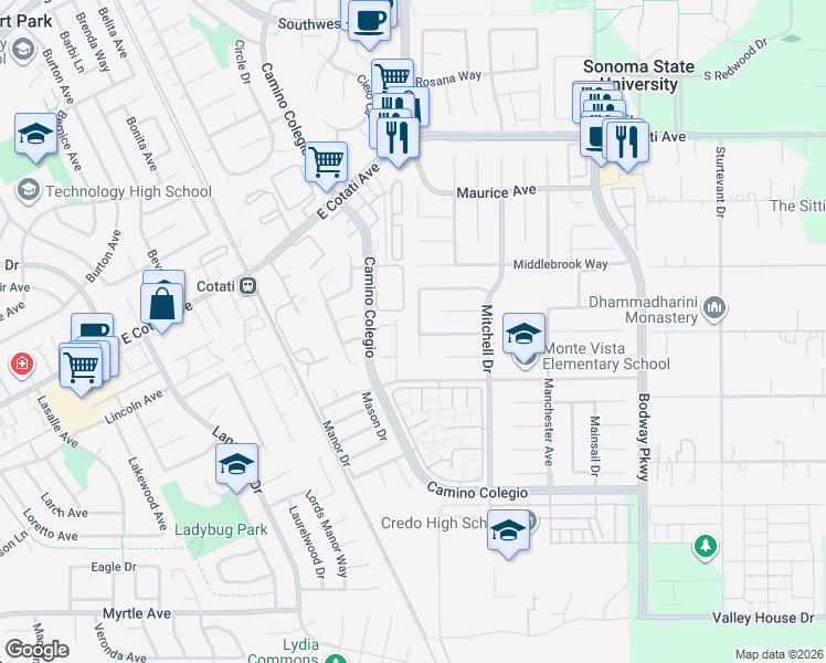 map of restaurants, bars, coffee shops, grocery stores, and more near 7845 Montero Drive in Rohnert Park