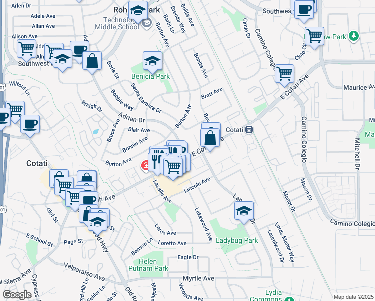 map of restaurants, bars, coffee shops, grocery stores, and more near in Cotati