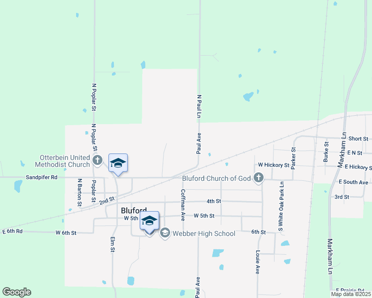 map of restaurants, bars, coffee shops, grocery stores, and more near 106 Woodworth Drive in Bluford