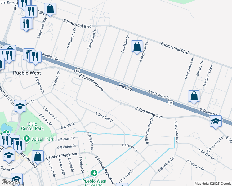 map of restaurants, bars, coffee shops, grocery stores, and more near 393 East Spaulding Avenue in Pueblo West