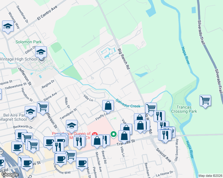 map of restaurants, bars, coffee shops, grocery stores, and more near 5 Summerbrooke Circle in Napa