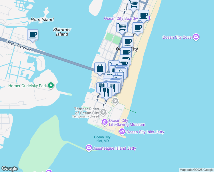 map of restaurants, bars, coffee shops, grocery stores, and more near 11 Somerset Street in Ocean City