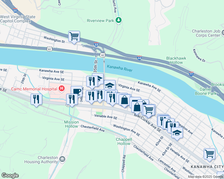map of restaurants, bars, coffee shops, grocery stores, and more near 3601 Staunton Avenue Southeast in Charleston