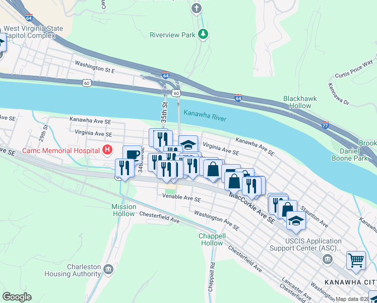 map of restaurants, bars, coffee shops, grocery stores, and more near 3601 Staunton Avenue Southeast in Charleston