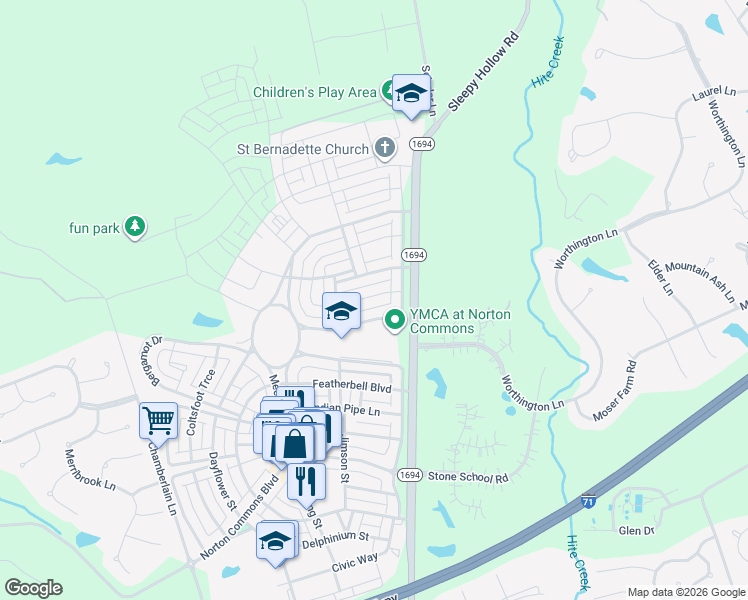 map of restaurants, bars, coffee shops, grocery stores, and more near 10934 Monkshood Drive in Prospect