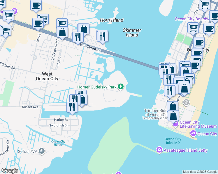 map of restaurants, bars, coffee shops, grocery stores, and more near 13027 Old Bridge Road in Ocean City