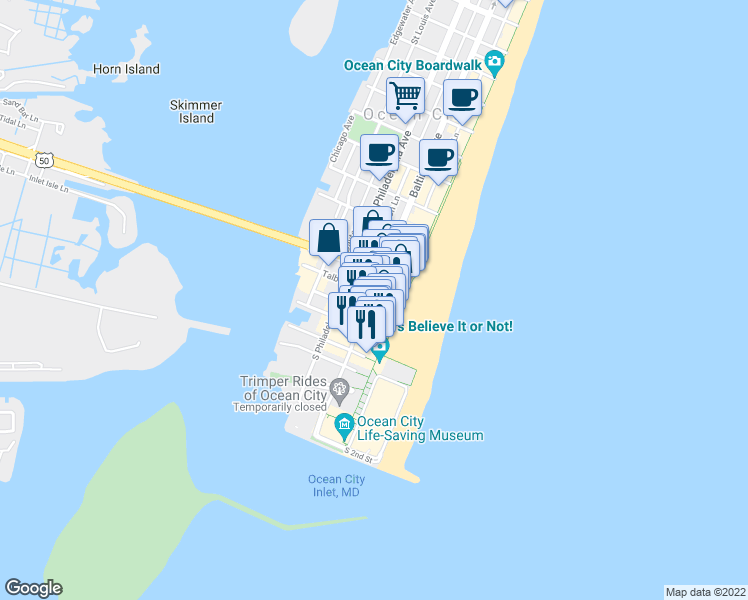 map of restaurants, bars, coffee shops, grocery stores, and more near 201 South Baltimore Avenue in Ocean City