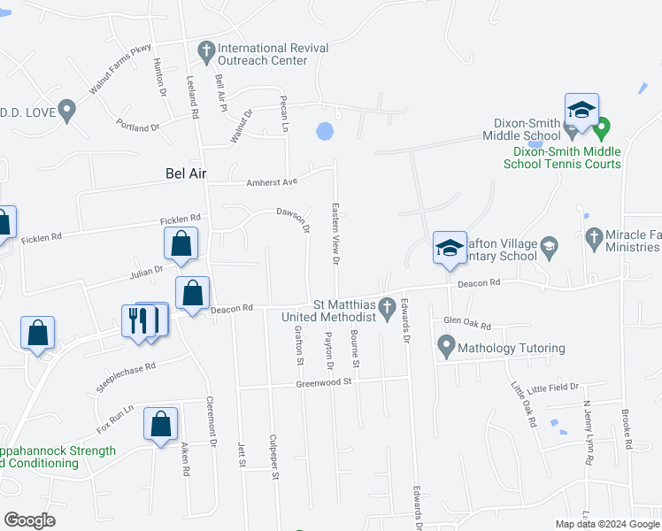 map of restaurants, bars, coffee shops, grocery stores, and more near 911 Eastern View Drive in Fredericksburg