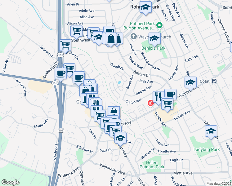 map of restaurants, bars, coffee shops, grocery stores, and more near 16 Las Casitas Drive in Rohnert Park