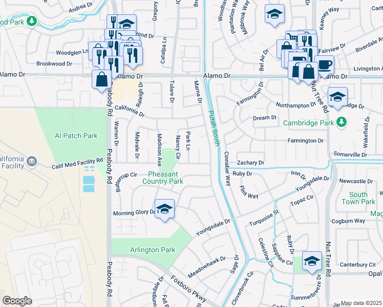map of restaurants, bars, coffee shops, grocery stores, and more near 243 Park Lane in Vacaville