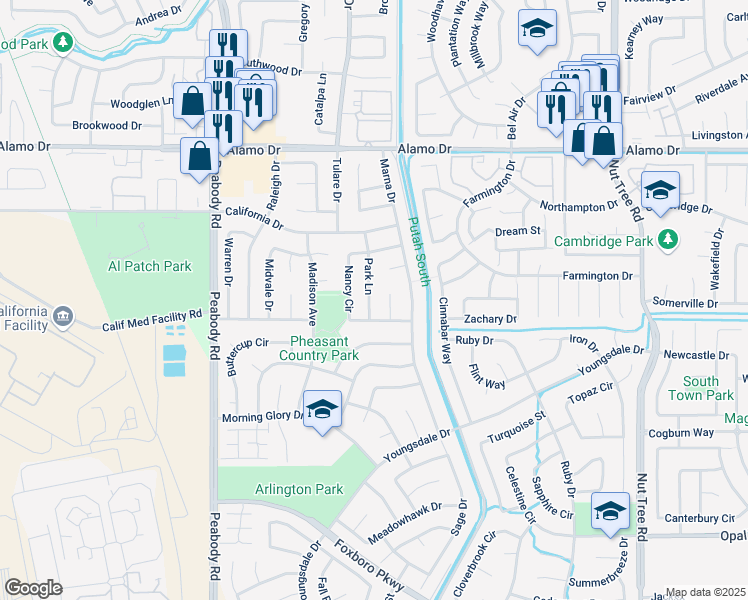 map of restaurants, bars, coffee shops, grocery stores, and more near 243 Park Lane in Vacaville