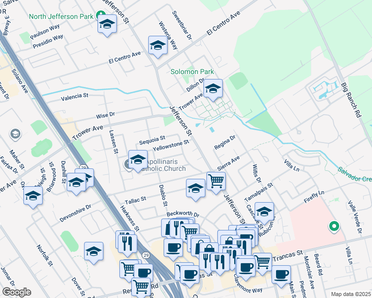 map of restaurants, bars, coffee shops, grocery stores, and more near 1362 Yellowstone Street in Napa
