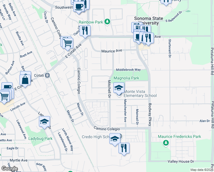 map of restaurants, bars, coffee shops, grocery stores, and more near 1392 Mattice Lane in Rohnert Park