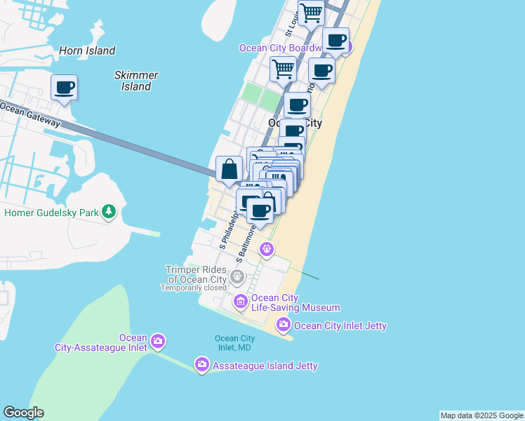 map of restaurants, bars, coffee shops, grocery stores, and more near 201 South Baltimore Avenue in Ocean City