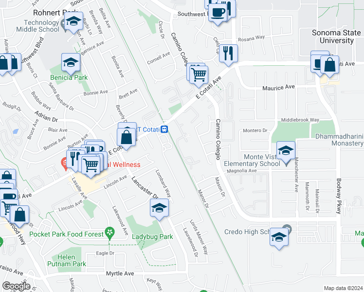 map of restaurants, bars, coffee shops, grocery stores, and more near 8306 Windmill Farms Drive in Cotati